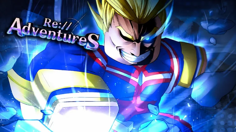 A powerful blond hero charges forward through blue energy in Re://Adventures.